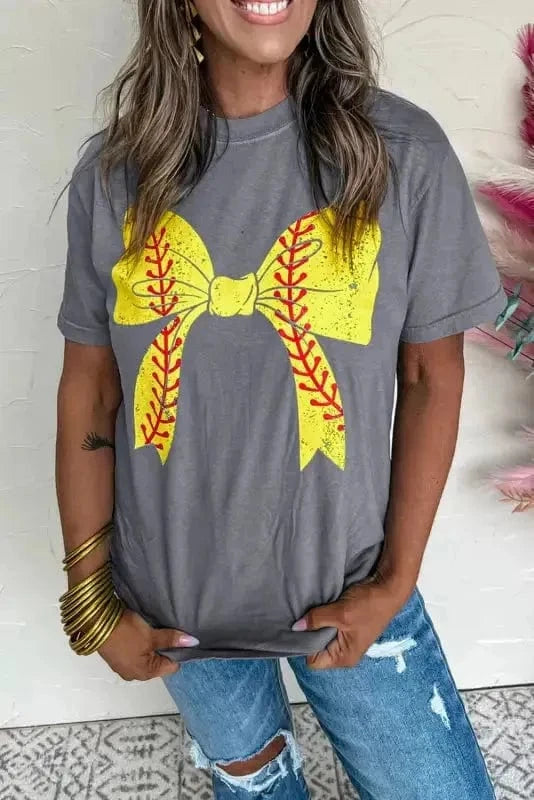 Graphic Tees Black Baseball Bowknot Graphic Casual Tee