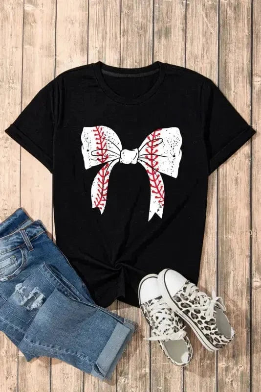 Graphic Tees Black Baseball Bowknot Graphic Casual Tee