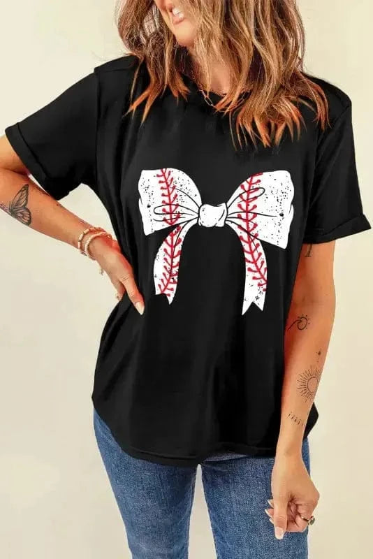 Graphic Tees Black Baseball Bowknot Graphic Casual Tee