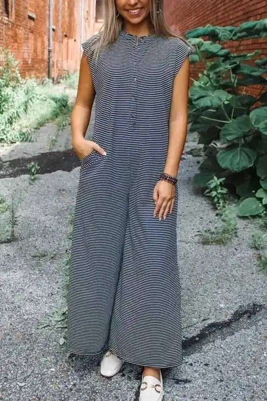 Jumpsuits Black white / S / 50%Viscose+45%Polyester+5%Elastane Monochrome Stripes Wide-Leg Jumpsuit