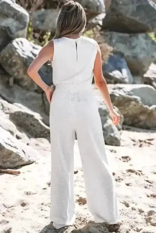 Silver drift sleeveless drawstring jumpsuit back view — Fashionfitz UK