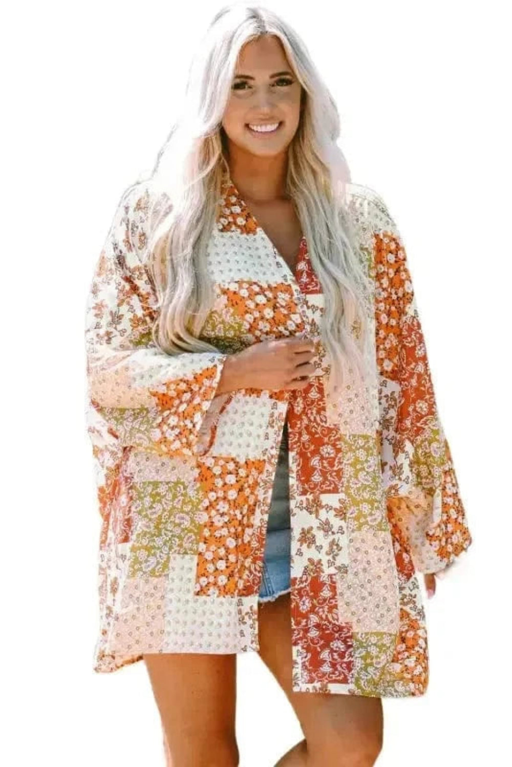 Kimonos White / ONE SIZE / 100%Polyester Floral Mosaic Open Kimono