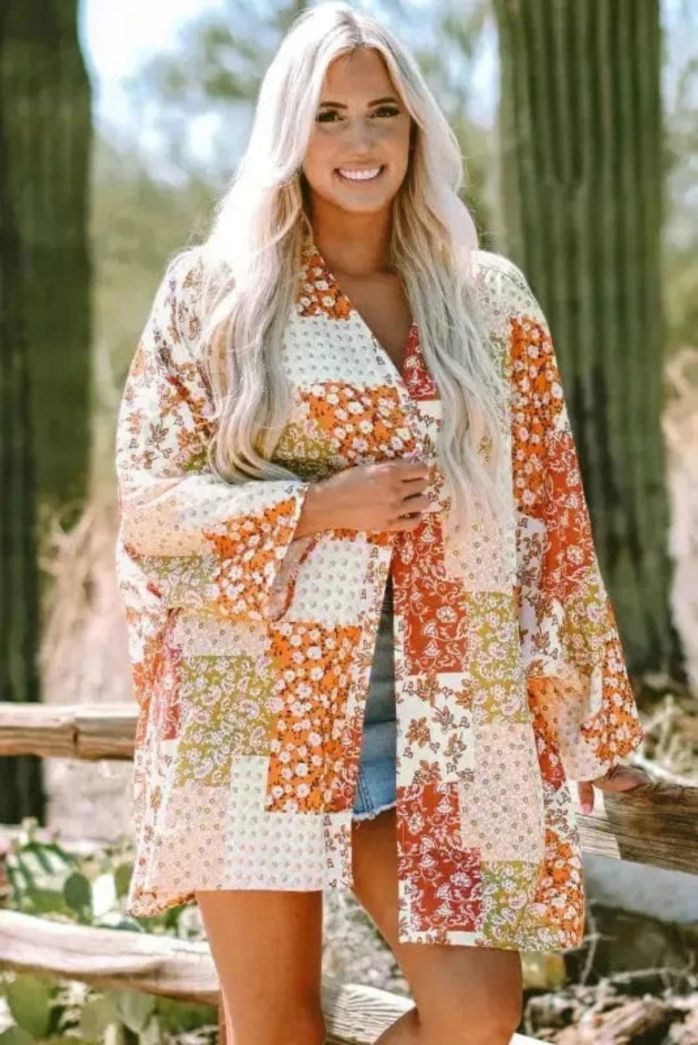 Kimonos White / ONE SIZE / 100%Polyester Floral Mosaic Open Kimono