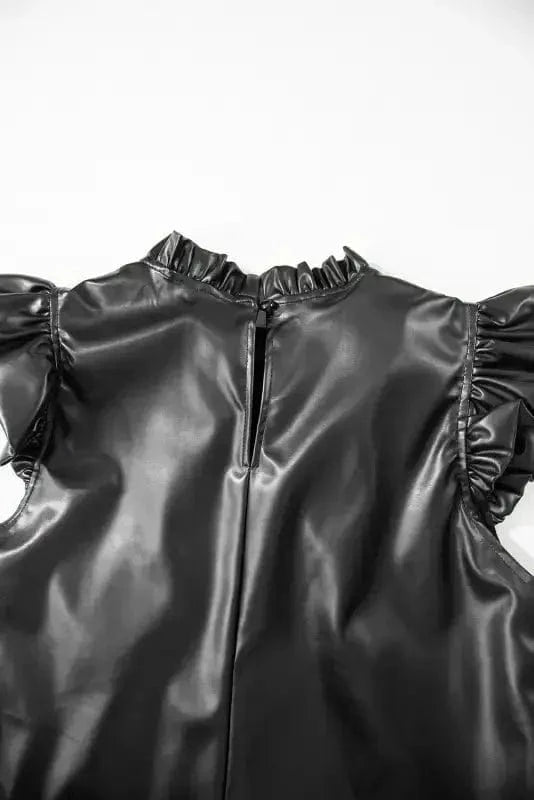 Leather Tops Black PU Leather Frilly Ruffle Trim Blouse | FashionFitz