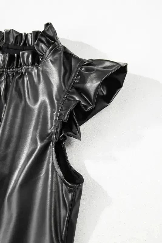 Leather Tops Black PU Leather Frilly Ruffle Trim Blouse | FashionFitz