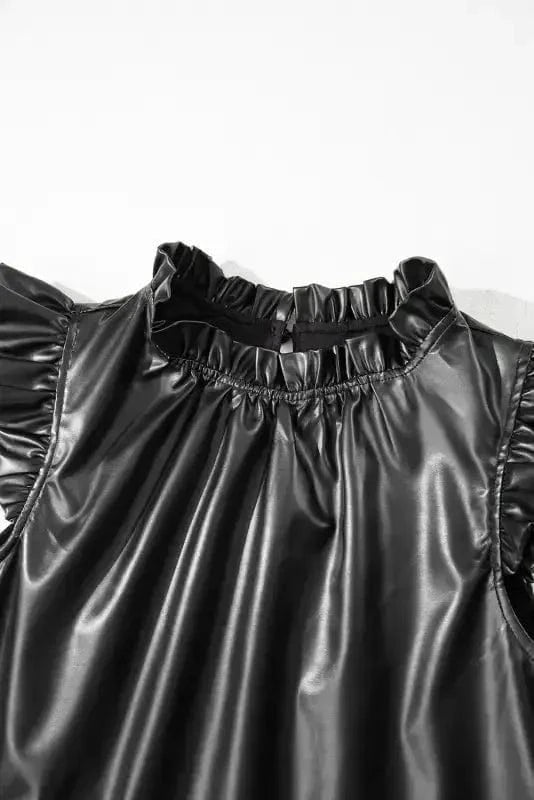 Leather Tops Black PU Leather Frilly Ruffle Trim Blouse | FashionFitz