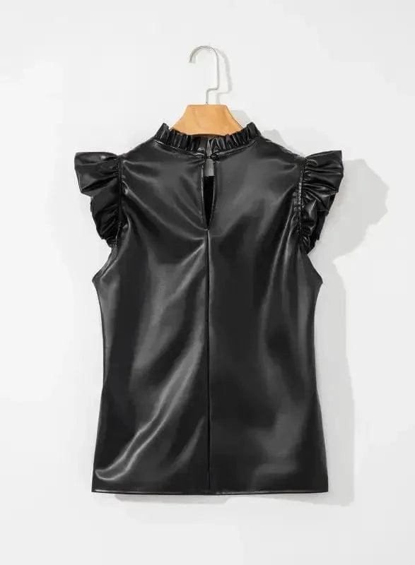 Leather Tops Black PU Leather Frilly Ruffle Trim Blouse | FashionFitz