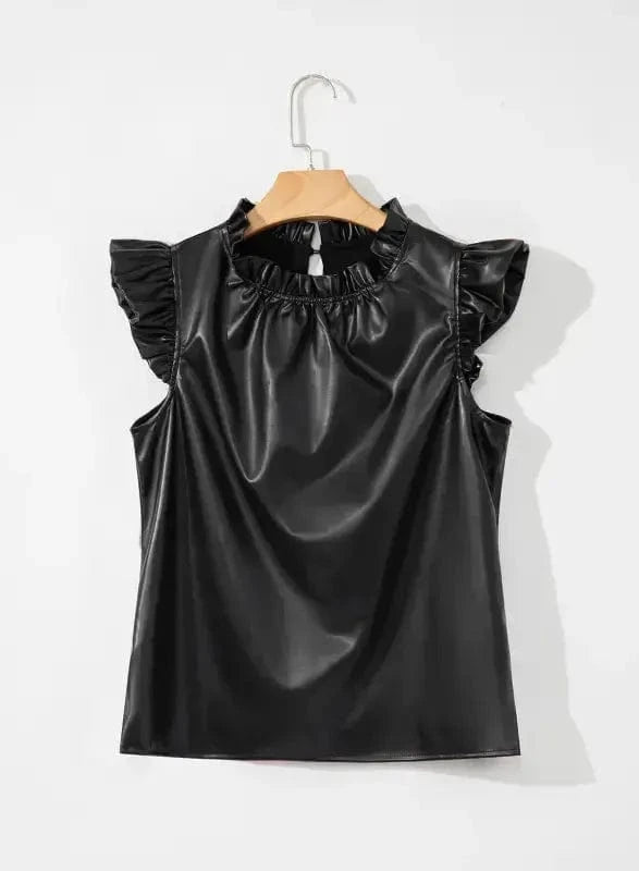 Leather Tops Black PU Leather Frilly Ruffle Trim Blouse | FashionFitz