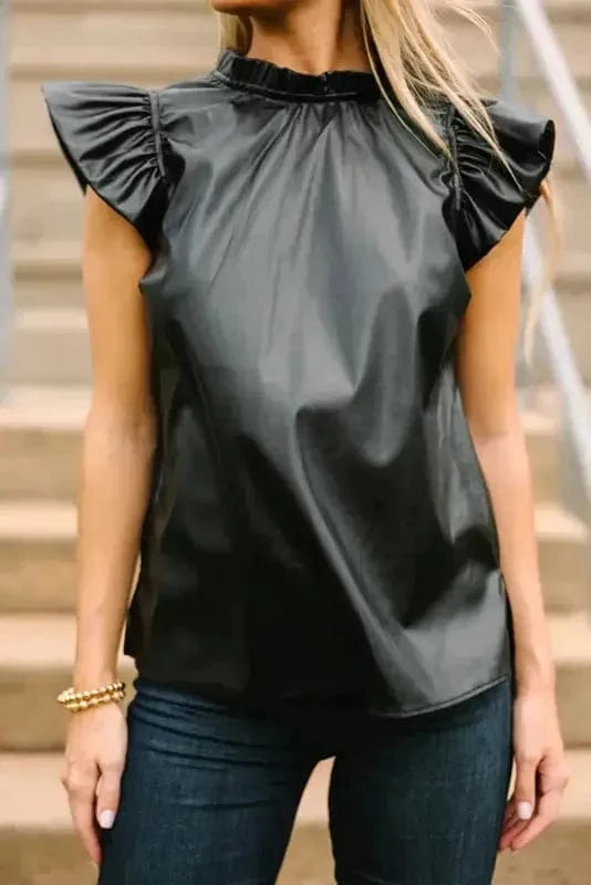 Leather Tops Black PU Leather Frilly Ruffle Trim Blouse | FashionFitz