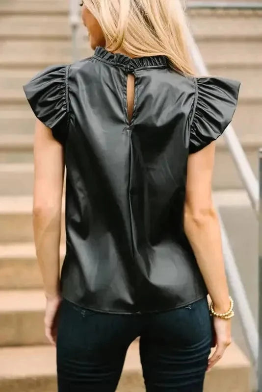 Leather Tops Black PU Leather Frilly Ruffle Trim Blouse | FashionFitz