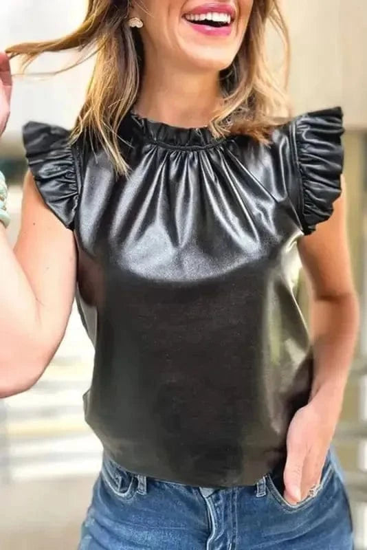 Leather Tops Black PU Leather Frilly Ruffle Trim Blouse | FashionFitz