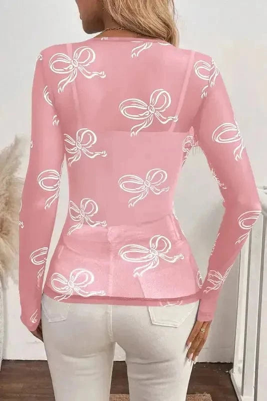 Long Sleeve Tops Bow Charm Mesh Top