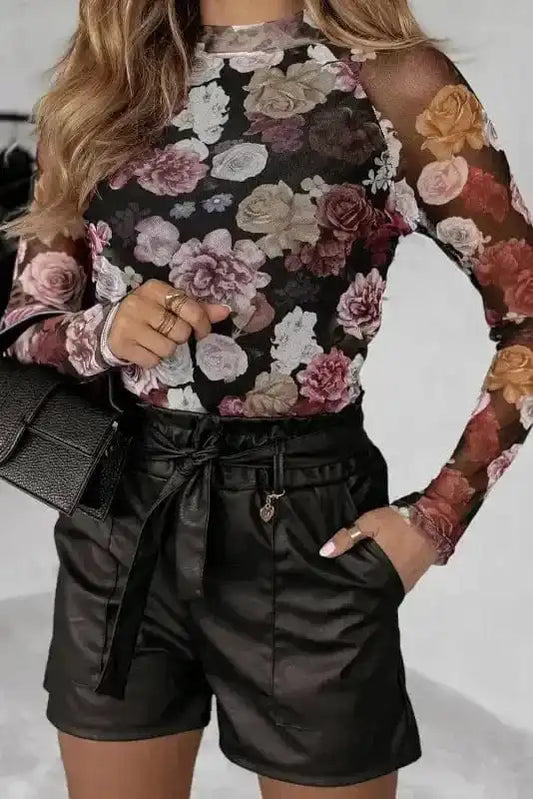 Long Sleeve Tops Floral Slim-Fit Mesh Top
