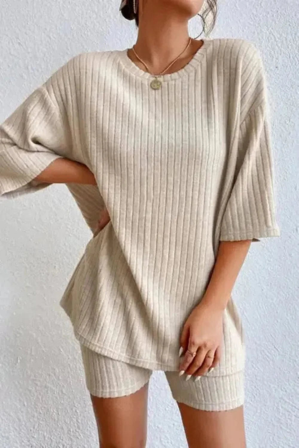 Loungewear Apricot / S / 95%Polyester+5%Elastane Apricot Ribbed Lounge Set for Relaxed Style