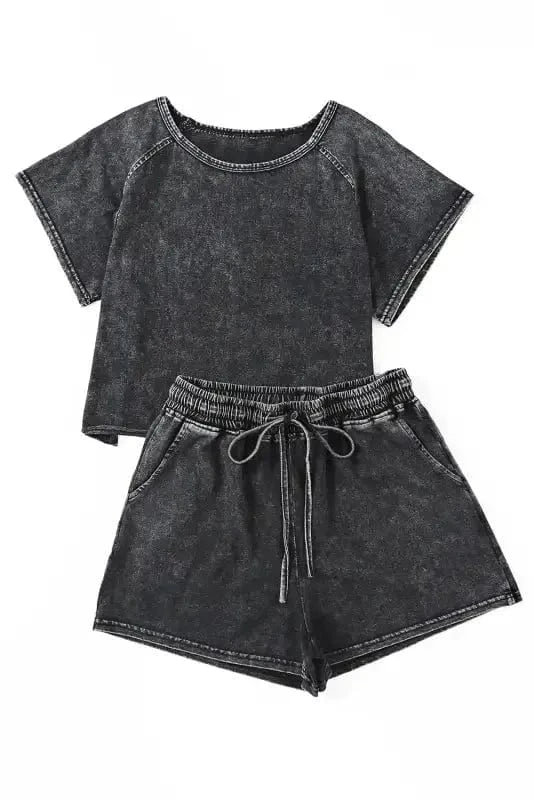 Loungewear Black Acid Washed Short Lounge Set