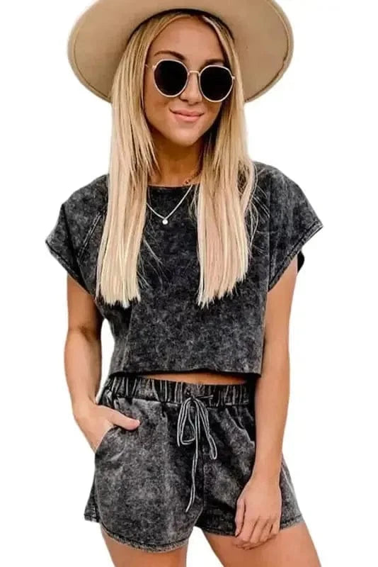 Loungewear Black Acid Washed Short Lounge Set