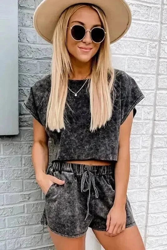 Loungewear Black Acid Washed Short Lounge Set