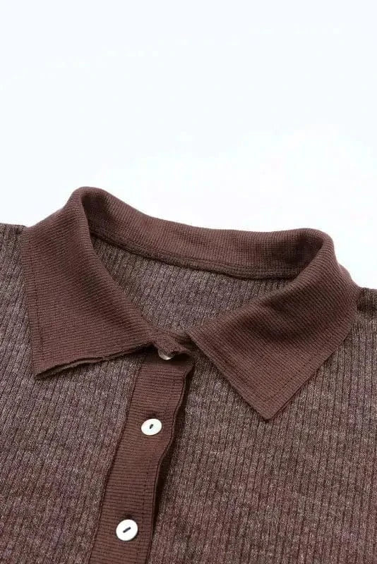 Loungewear Brown Ribbed Knit Collared Henley Top and Pants Lounge Outfit