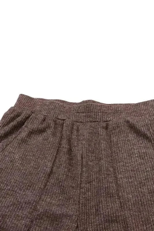 Loungewear Brown Ribbed Knit Collared Henley Top and Pants Lounge Outfit