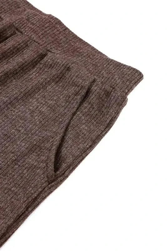 Loungewear Brown Ribbed Knit Collared Henley Top and Pants Lounge Outfit