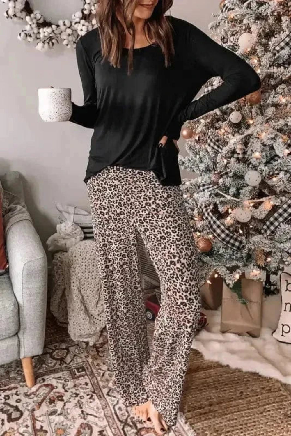 Loungewear Leopard / S / 95%Polyester+5%Elastane Long Sleeve Top and Leopard Print Pants Lounge Set