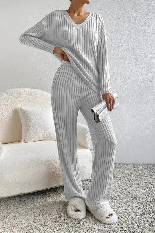 Loungewear Light Grey / S / 95%Polyester+5%Elastane Apricot Ribbed Lounge Set for Relaxed Style
