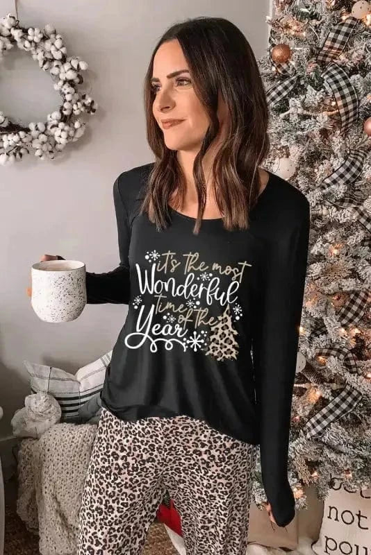 Loungewear Long Sleeve Top and Leopard Print Pants Lounge Set