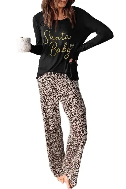 Loungewear Long Sleeve Top and Leopard Print Pants Lounge Set