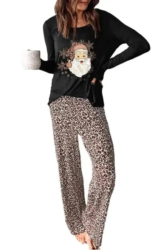 Loungewear Long Sleeve Top and Leopard Print Pants Lounge Set