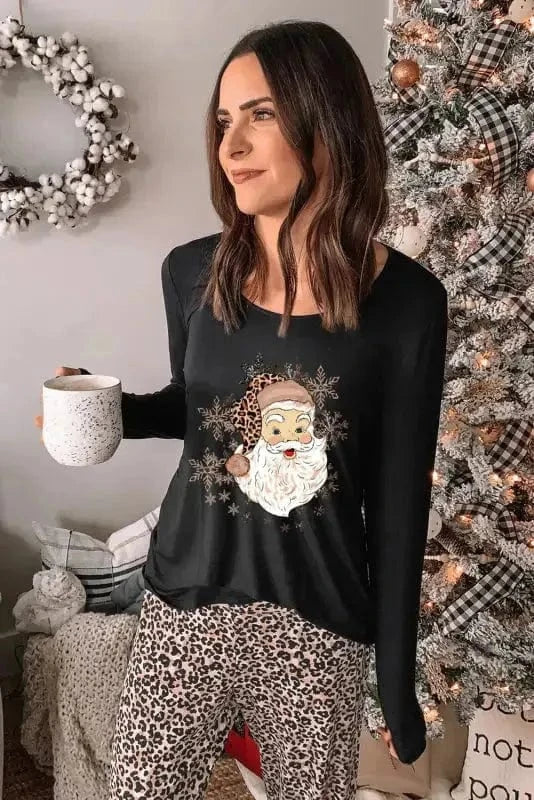 Loungewear Long Sleeve Top and Leopard Print Pants Lounge Set
