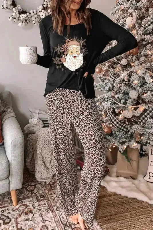 Loungewear Long Sleeve Top and Leopard Print Pants Lounge Set