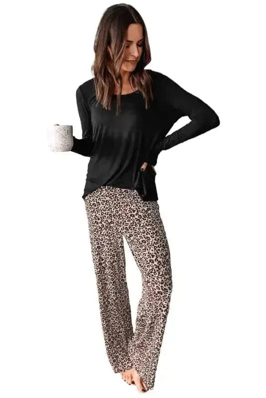 Loungewear Long Sleeve Top and Leopard Print Pants Lounge Set