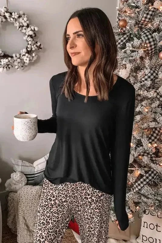 Loungewear Long Sleeve Top and Leopard Print Pants Lounge Set