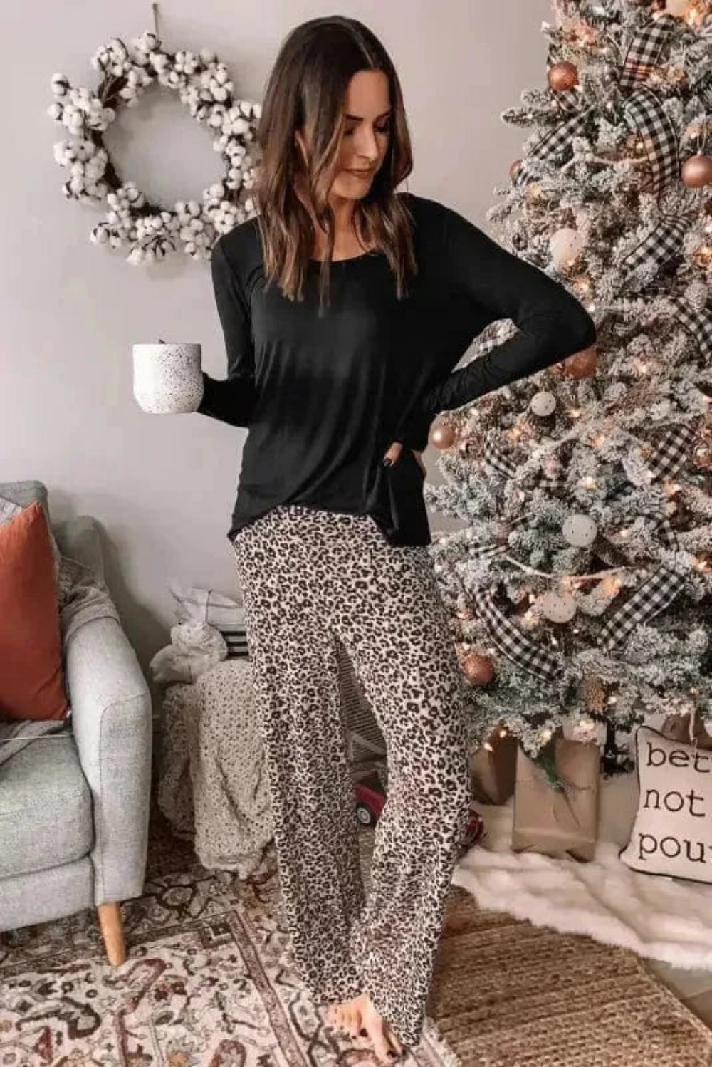 Loungewear Long Sleeve Top and Leopard Print Pants Lounge Set