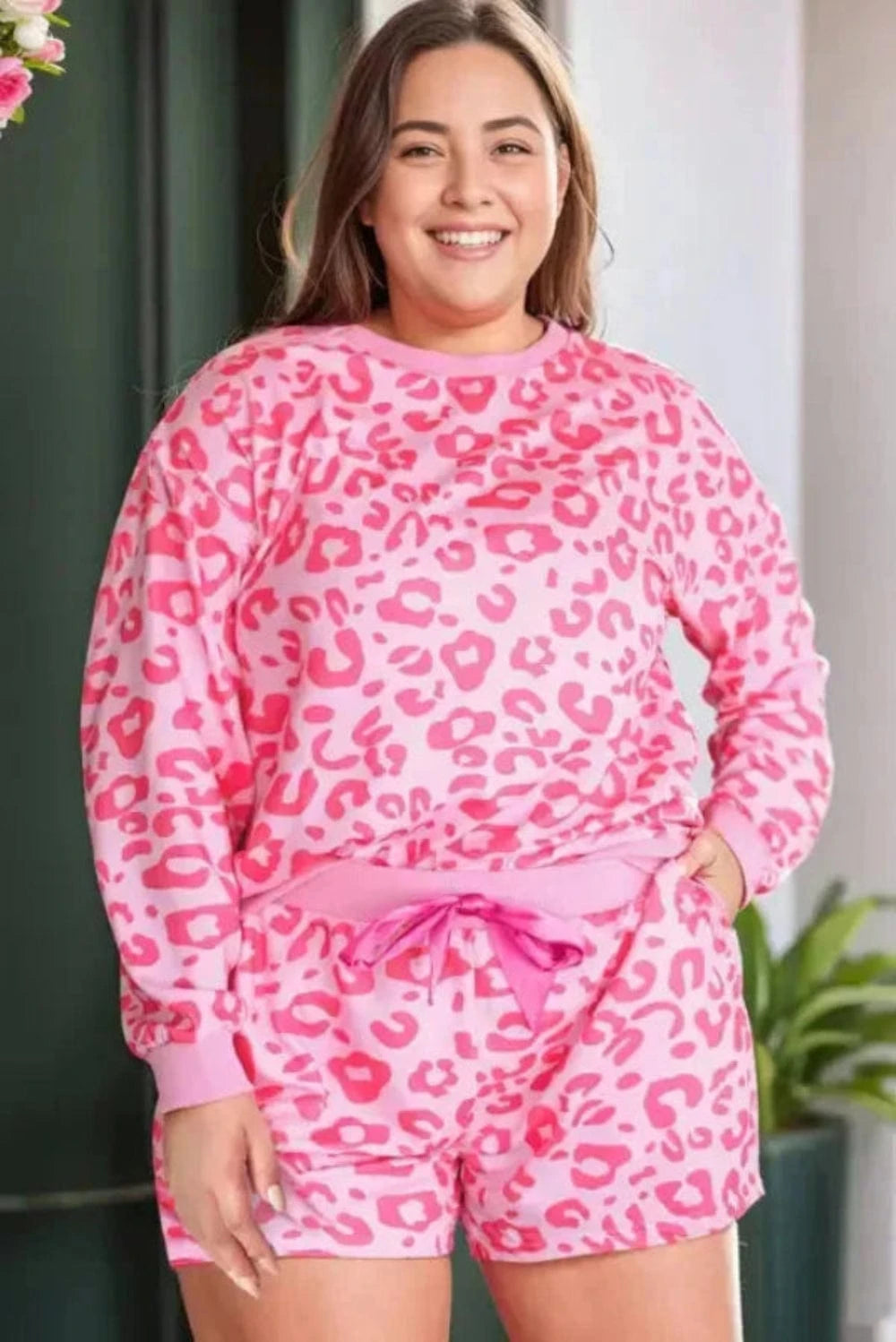 Loungewear Pink Leopard Long Sleeve Satin Tie Shorts Two Piece Set