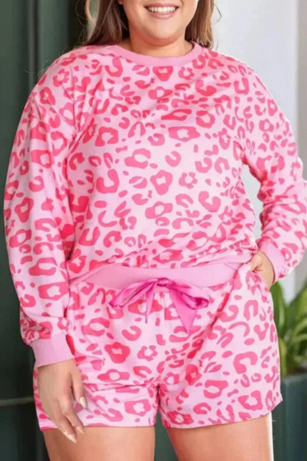 Loungewear Pink Leopard Long Sleeve Satin Tie Shorts Two Piece Set