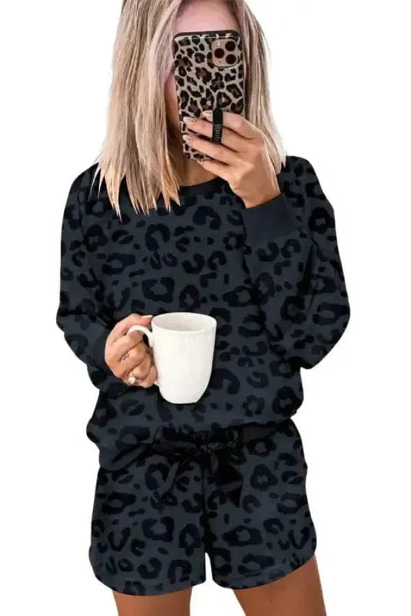 Loungewear Pink Leopard Long Sleeve Satin Tie Shorts Two Piece Set