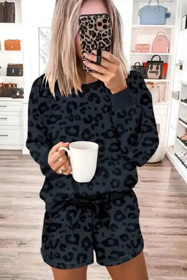 Loungewear Pink Leopard Long Sleeve Satin Tie Shorts Two Piece Set
