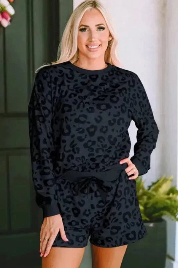 Loungewear Pink Leopard Long Sleeve Satin Tie Shorts Two Piece Set
