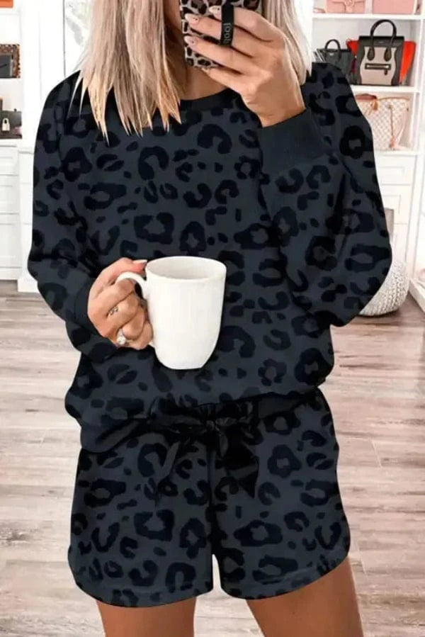 Loungewear Pink Leopard Long Sleeve Satin Tie Shorts Two Piece Set