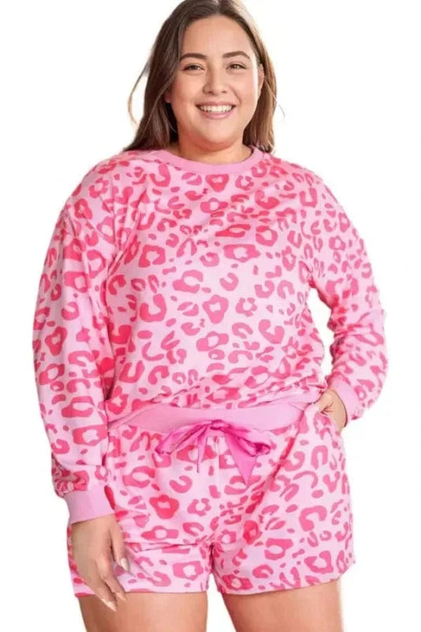 Loungewear Pink Leopard Long Sleeve Satin Tie Shorts Two Piece Set
