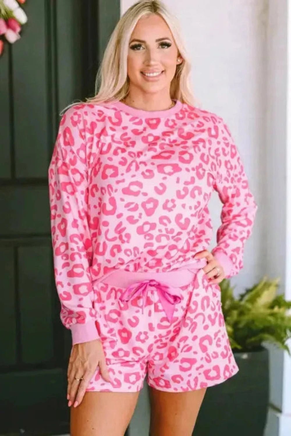 Loungewear Pink / S / 95%Polyester+5%Elastane Pink Leopard Long Sleeve Satin Tie Shorts Two Piece Set