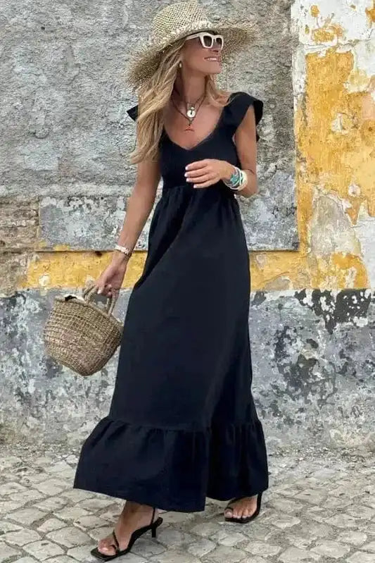 Maxi Dresses Black Maxi Dress - Flutter Sleeve Smocked Bodice