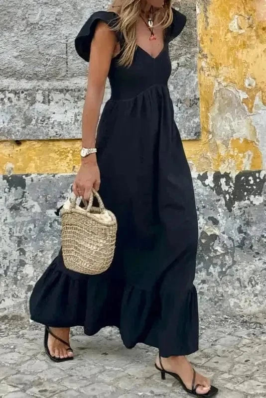 Maxi Dresses Black Maxi Dress - Flutter Sleeve Smocked Bodice