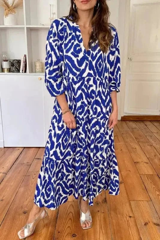 Maxi Dresses Blue / S / 100%Polyester GeoContrast Maxi Dress – Monochrome Western Print