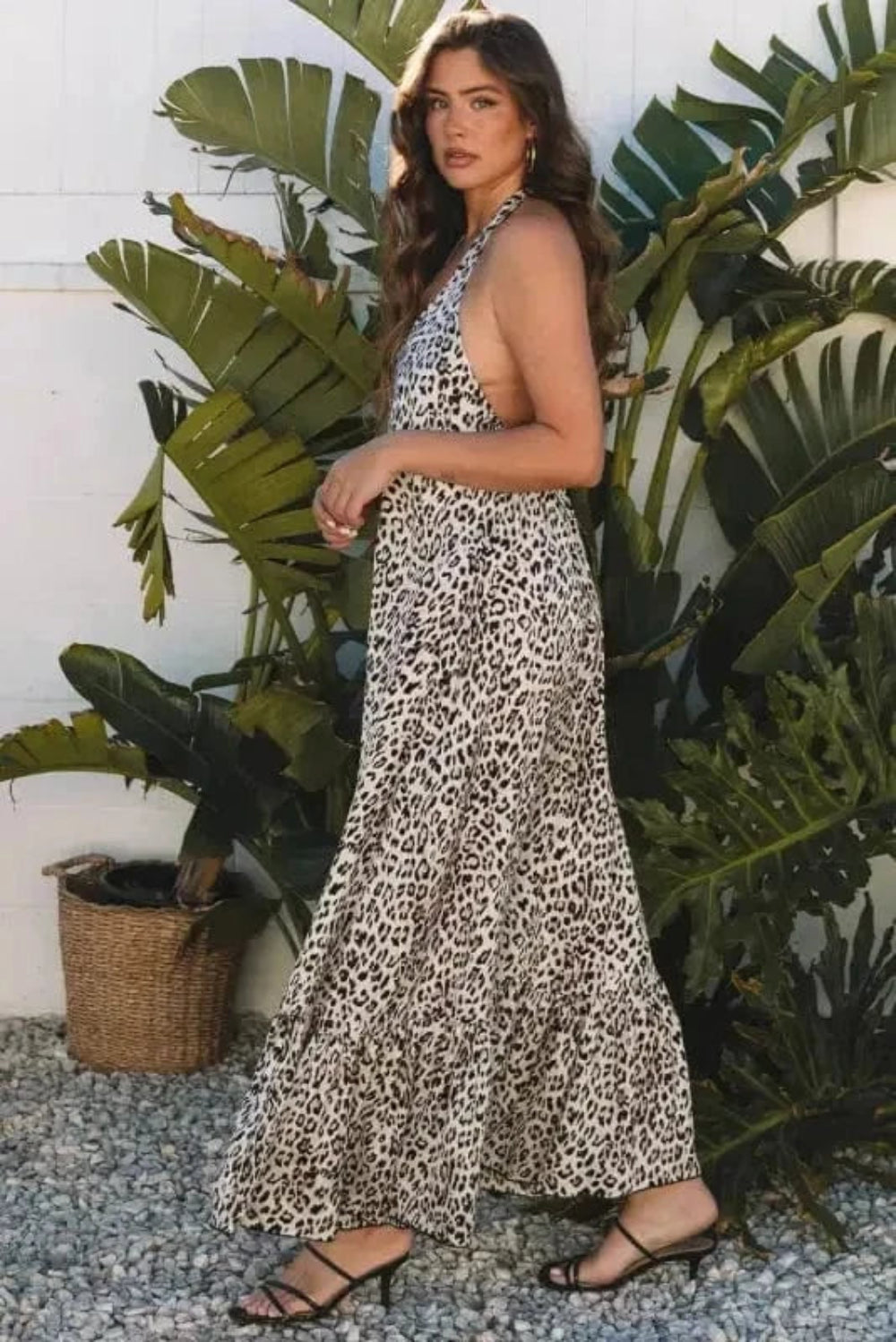 Maxi Dresses Brown Leopard Maxi Dress - Halter Neck Backless Ruffled Hem