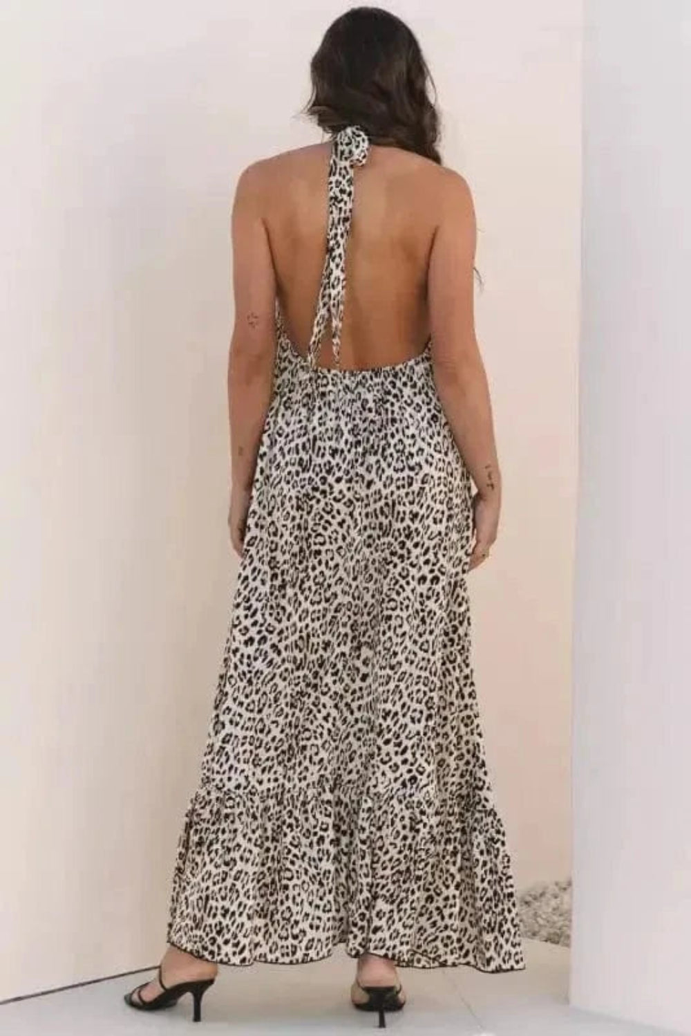 Maxi Dresses Brown Leopard Maxi Dress - Halter Neck Backless Ruffled Hem