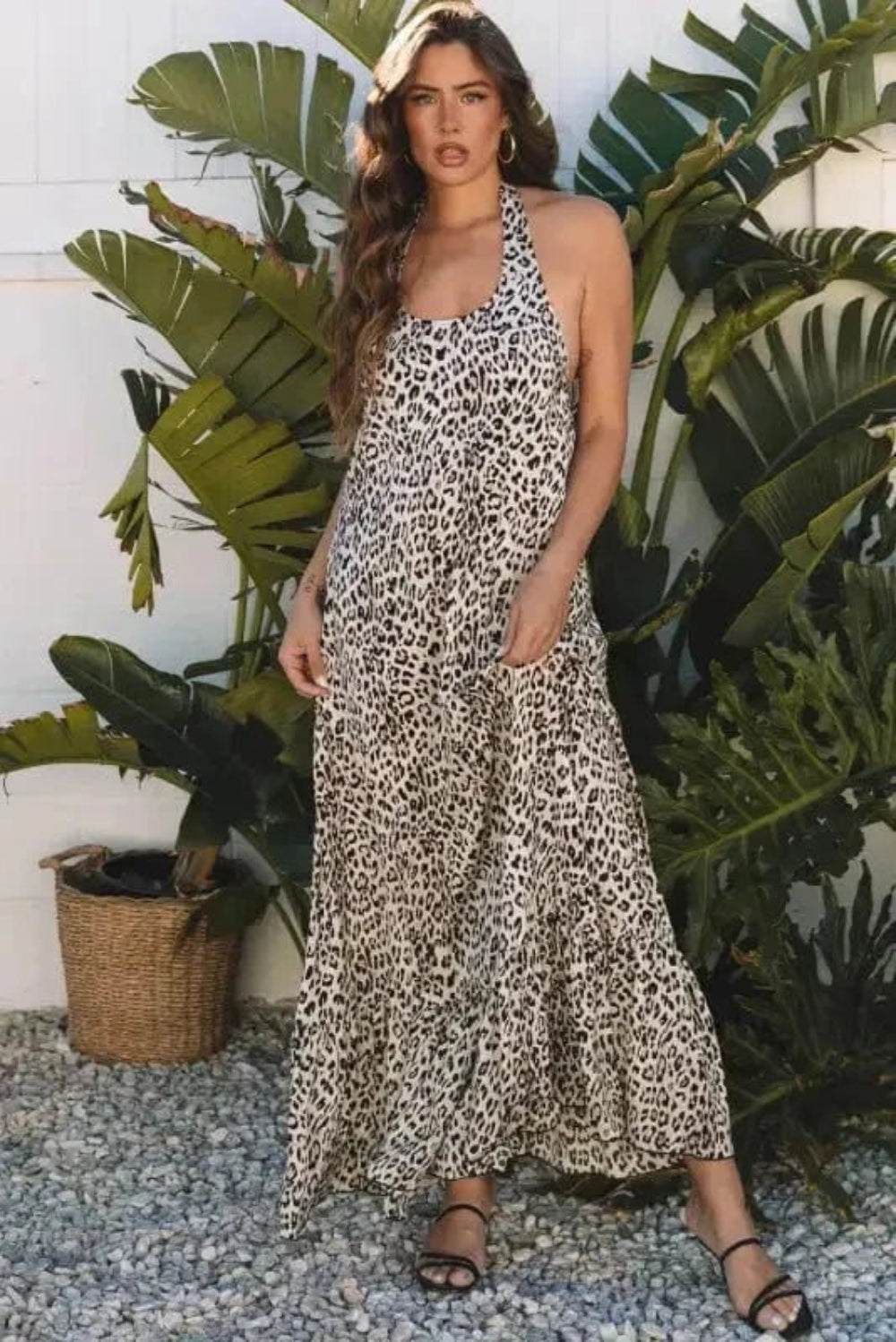 Maxi Dresses Brown Leopard Maxi Dress - Halter Neck Backless Ruffled Hem