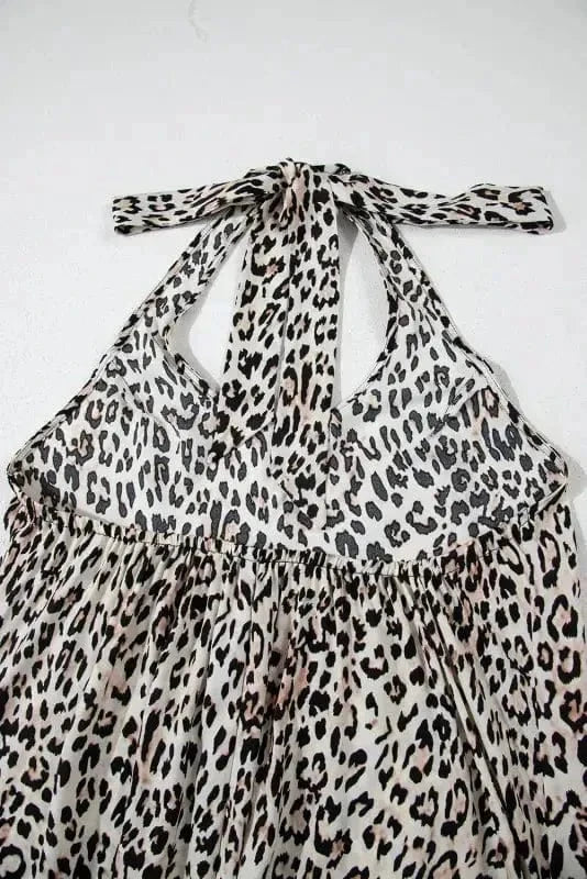 Maxi Dresses Brown Leopard Maxi Dress - Halter Neck Backless Ruffled Hem
