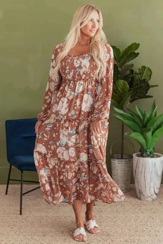 Maxi Dresses Brown / S / 100%Polyester Brown Floral Maxi Dress